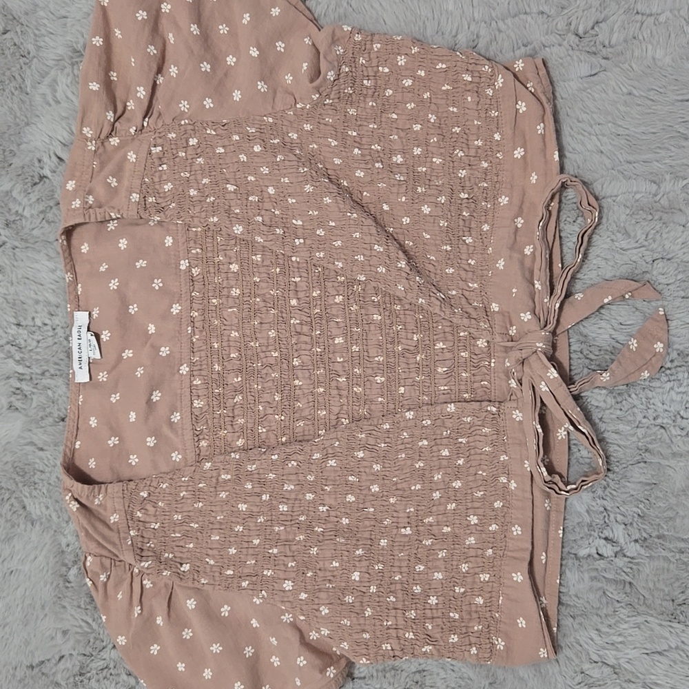 American Eagle Outfitters tan tie front floral blouse size L - Picture 2 of 8